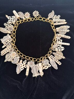 Gold Chain Charm Necklace with Ivory Tribal Charms - Women Jewelry